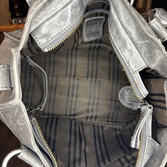 Frye Leather Satchel Shoulder Bag Gray Purse Tote Handbag Med Crossbody Silver - Picture 10 of 16